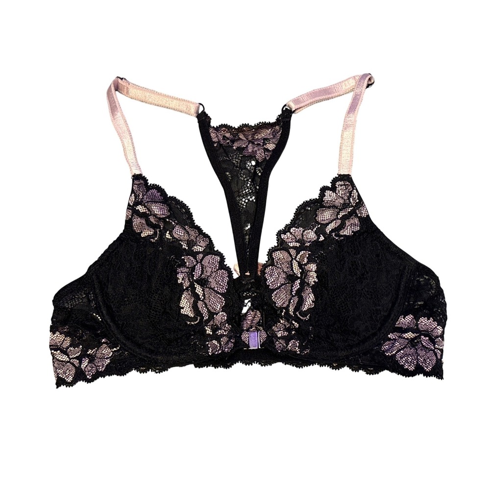 Adore Me Black‎ Pink Lace Front Closure T Back Bra 32B